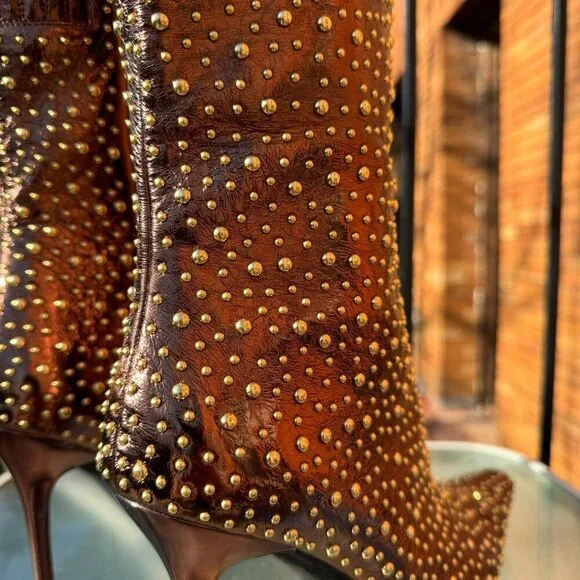 New Jeffrey Campbell Iconic Heeled Studded Boots Shoes Gold Bronze Womens 10
